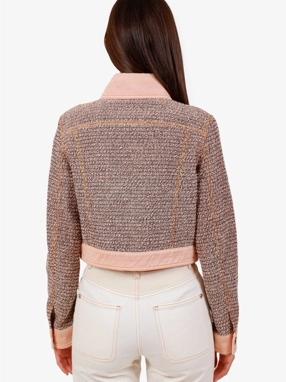 Chanel Pink Tweed Cropped Jacket with Leather Trim